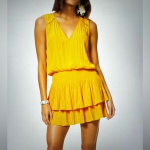 Ramy Brook Caitlin Tiered Mini Dress Yellow V-Neck Ruffle Size Small |Yellow